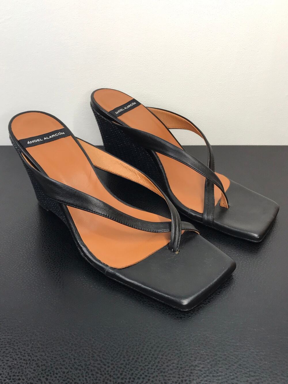 Anthropologie Angel Alacron Square Toe Flip Flop Wedge Sandal Black Leather
